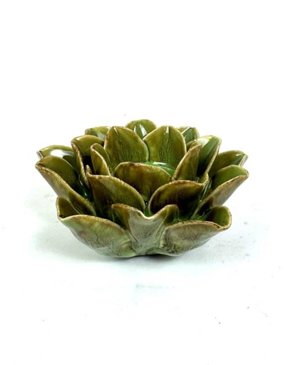 Mottled Green Lotus Flower Ceramic Tealight Holder