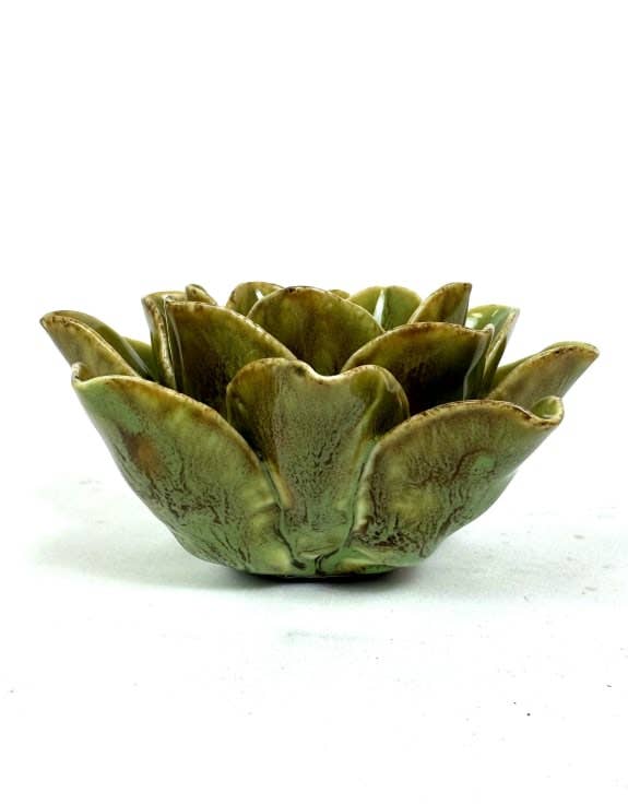 Mottled Green Lotus Flower Ceramic Tealight Holder