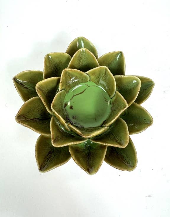 Mottled Green Lotus Flower Ceramic Tealight Holder